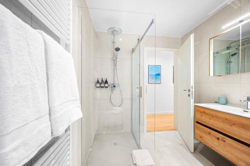 a bathroom with a shower and a sink at La Suite du Bourg in La Tour-de-Peilz