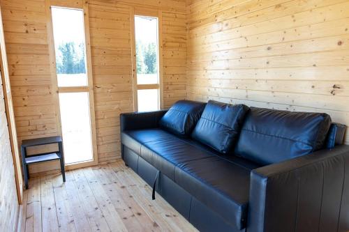 ein Ledersofa in einem Zimmer mit zwei Fenstern in der Unterkunft Cope un Pirts in Yumprava