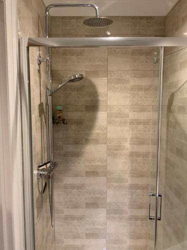 een douche met een glazen deur in een badkamer bij Carrick Chalets -2 in Carrick