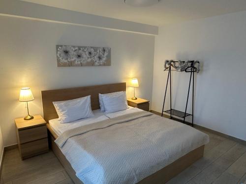 a bedroom with a bed with two lamps and a camera at Ferienwohnung Villa Fuchs in Dresden