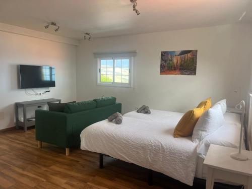 ein Schlafzimmer mit einem Bett und einem grünen Sofa in der Unterkunft Los Frailes 2 in Breña Baja