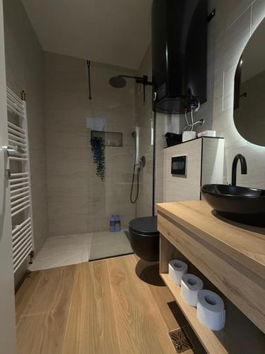 un bagno con wc, lavandino e doccia di Apartmani Snowflake a Jahorina