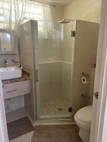 a bathroom with a shower with a toilet and a sink at Modern studio apartment near beach in Saint James