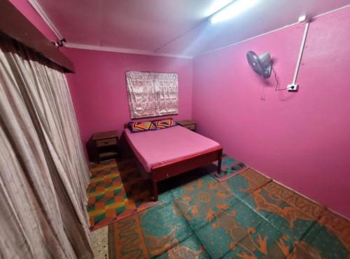 a pink room with a bed and a pink wall at Surf stay cloudbreak in Nadi