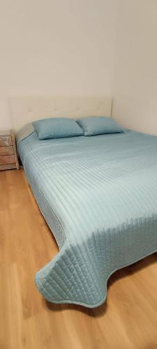 a large bed with blue pillows on a wooden floor at Privat Appartment Room Martz Dorf in Vienna