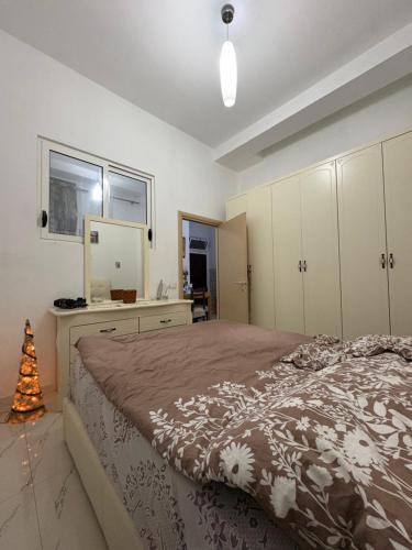 a bedroom with a bed with a dresser and a mirror at Lisi apartment in Tirana