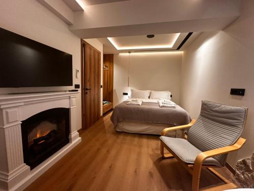 een slaapkamer met een bed en een open haard met een televisie bij Aje Villas 1959 in Ligiades