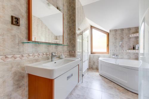 a bathroom with a sink and a tub and a mirror at Vila Adalbert in Liberec