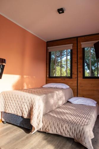 two beds in a bedroom with two windows at Container Los Lobos in Chapadmalal