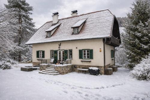 a house with snow on the ground in front of it at Landhaus Frank in Kirchberg am Wechsel