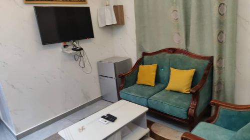 een woonkamer met een groene bank met twee gele kussens bij Appartement Case de Gaule in Brazzaville