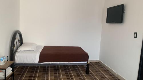 a bed in a room with a tv on the wall at Kuku Ruku Hotel in Querétaro