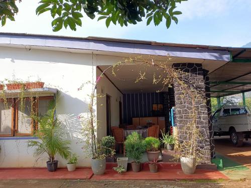 una casa con macetas sentadas fuera de ella en NK Hotel and Restaurant, en Matale