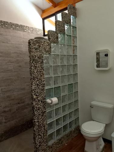 a bathroom with a toilet and a wall of glass blocks at Domi Hostel in Dominical