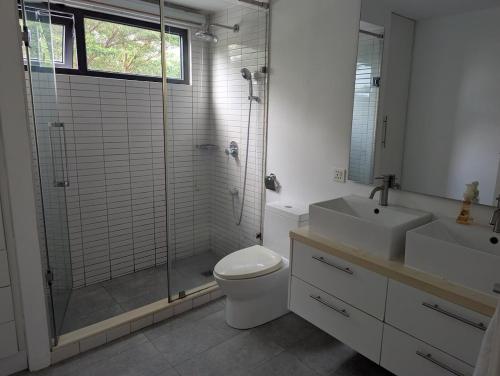 um banheiro com chuveiro, vaso sanitário e pia em 2 Bedroom House at Ayi Mensah Park em Aiyimensa