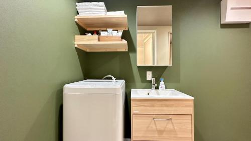 a small bathroom with a sink and a mirror at Solana Smart INN富士河口湖 in Minamitsuru