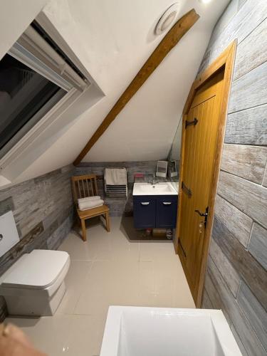 a bathroom with a toilet and a sink at Detached property, beams, hot tub large garden in Broadwey