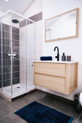 a bathroom with a shower with a sink and a mirror at Refuge de Deux Pins in La Forêt-sur-Sèvre