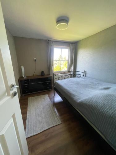 een slaapkamer met een bed, een raam en een tapijt bij Lebensfreude in Niederdorla