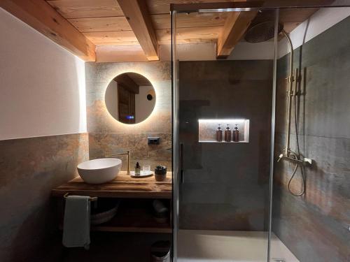 un bagno con lavandino e doccia di Little Wild House a Saint Vincent