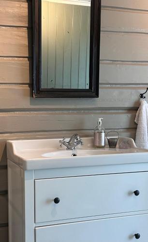 a bathroom sink with a mirror on top of it at Charming Guesthouse farm in Hølera