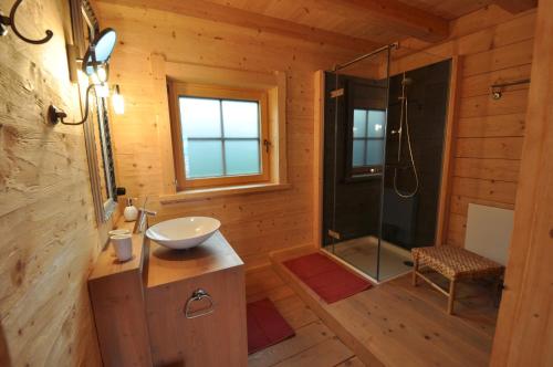 uma casa de banho com um lavatório e um chuveiro numa cabina em Sonnenplatzl im Zillertal em Ramsau im Zillertal