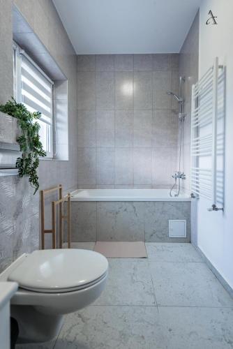 a bathroom with a toilet and a bath tub at City Gardens Villa in Otopeni