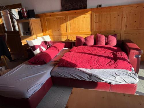HinwilPanorama-Chalet Unterbach的一间卧室配有两张带红白色枕头的床