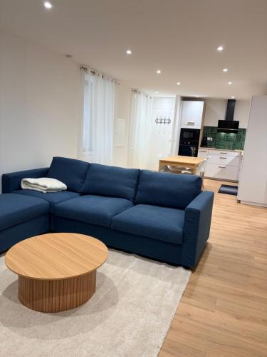 een woonkamer met een blauwe bank en een tafel bij L élégance centre historique Dole 70 m2 in Dole