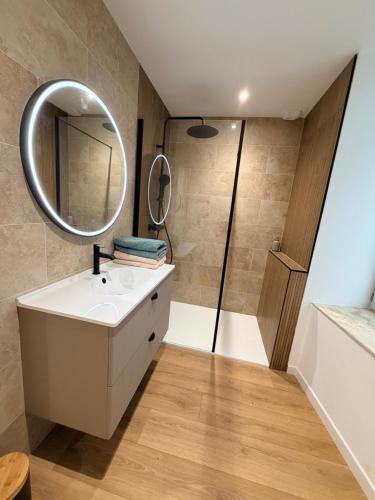 een badkamer met wastafel en douche met spiegel bij L élégance centre historique Dole 70 m2 in Dole