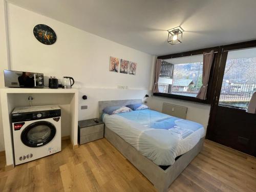 een slaapkamer met een bed en een wasmachine bij La Casa di Paolo - Monolocale ristrutturato con vista sulle montagne in Caspoggio