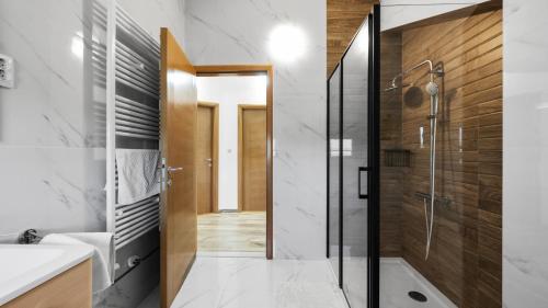 een badkamer met een douche en een wastafel bij Villa Pleter by Villas Guide in Otavice
