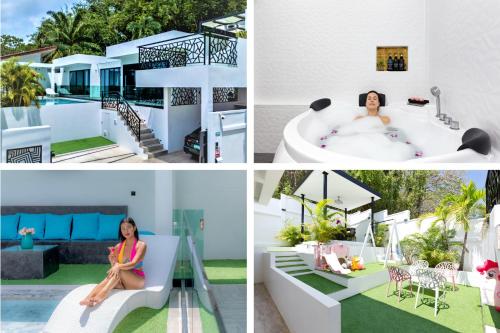 拉威海滩Modern Zen Oasis Villa Style - Pool, Rooftop Views & Playground - All-Inclusive - 4BR-3BA的一组拼贴照片，内容是一位女士坐在热水浴缸里。
