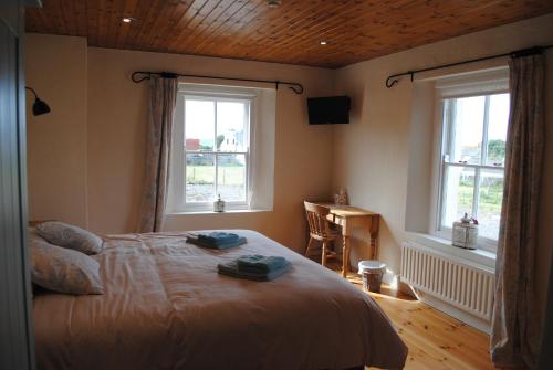 um quarto com uma cama, 2 janelas e uma secretária. em The Castle Bed & Breakfast em Ballintoy