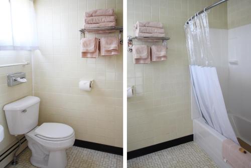 two pictures of a bathroom with a toilet and a shower at The Bluebird Motel Maine in Machias