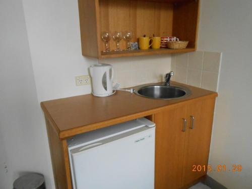 a small kitchen with a sink and a refrigerator at Harringtons102 in Hobart