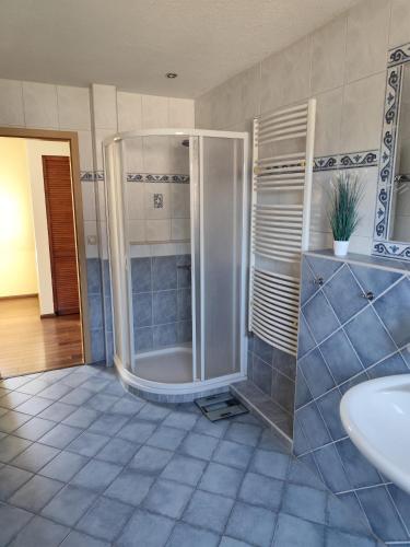 een badkamer met een douche en een wastafel bij Ferienhaus am See in Godendorf