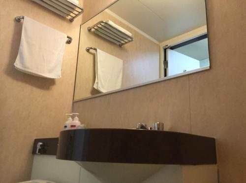 a bathroom with a sink and a mirror and towels at Shinseto Station Hotel in Seto