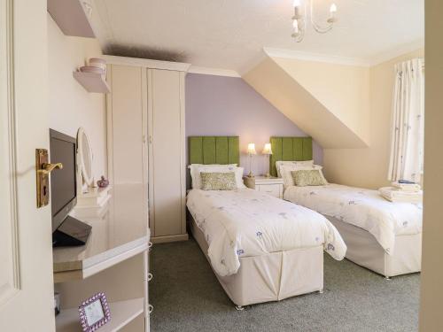 a bedroom with two beds and a tv at Llwyn Derw in Talybont