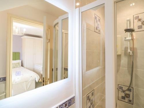 a bathroom with a shower and a mirror at Llwyn Derw in Talybont