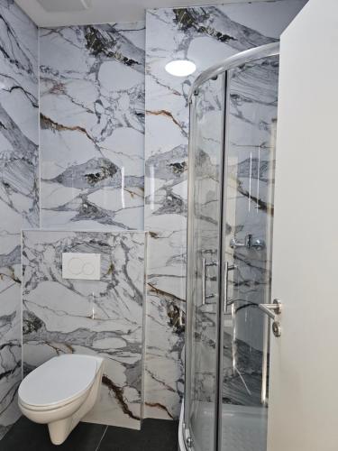 een badkamer met een toilet en een douche bij Hotelikum in Heilbronn