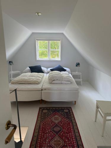 a white bedroom with a bed and a window at Forrest cottage by the lake in Trensum