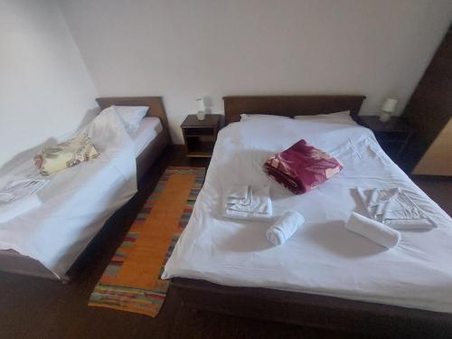 2 Betten in einem Zimmer mit Schuhen und Handtüchern darauf in der Unterkunft JollyKop Vila Valentina A14 in Kopaonik
