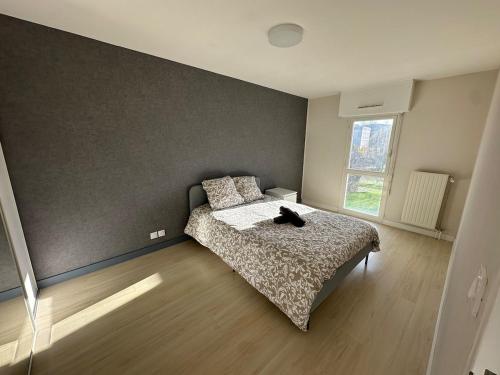 een slaapkamer met een bed met een kat erop bij T3 proche aéroport in Saint-Jacques-de-la-Lande