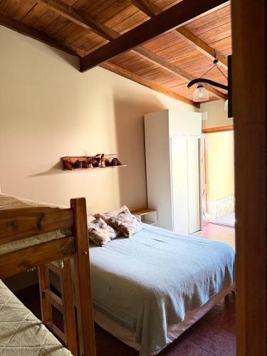 a bedroom with a bed and a wooden ceiling at CABAÑAS MECHI in Mar del Plata