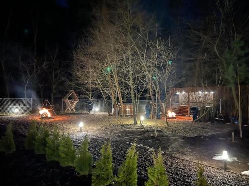 een nachtzicht op een tuin met verlichting bij Krasne Residence & Spa - STREFA CISZY in Krasne