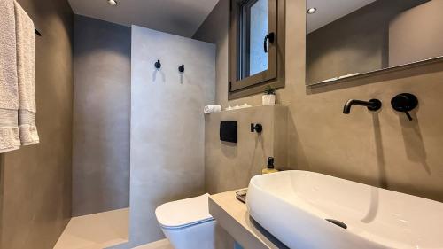 een badkamer met een wastafel, een toilet en een spiegel bij Eosea Selene in Ierissos