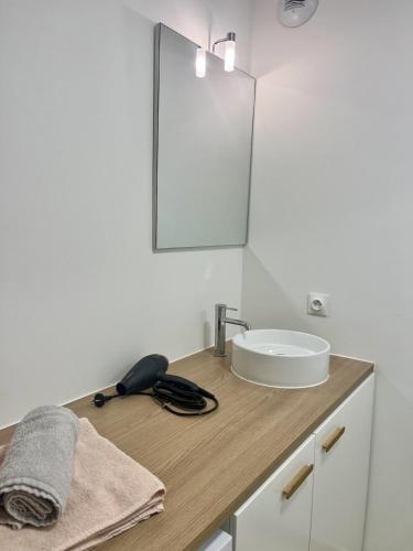 ein Badezimmer mit einem Waschbecken und einem Spiegel auf einer Ablage in der Unterkunft L'écrin Lensois - 57 m2 - 6 personnes - parking in Lens