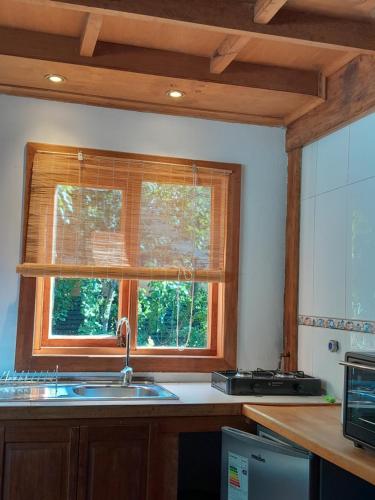 a kitchen with a sink and a window at Calafates y lavandas in Chile Chico