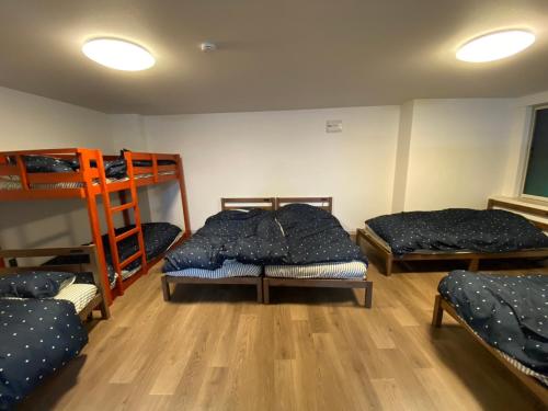 a room with three bunk beds and a wooden floor at ホテル一休 in Otaru